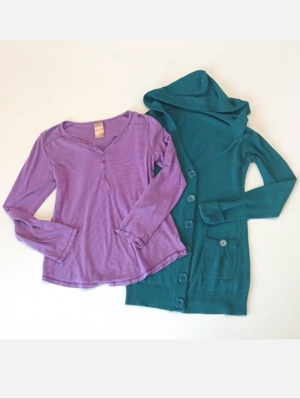 2 Pc Bundle! Purple Striped Top Sleeve Pocket & Teal Hoodie Cardigan Sweater
